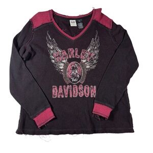 Harley Davidson Distressed Raw Edge Shirt Women 2W Thermal Waffle Biker Moto‎